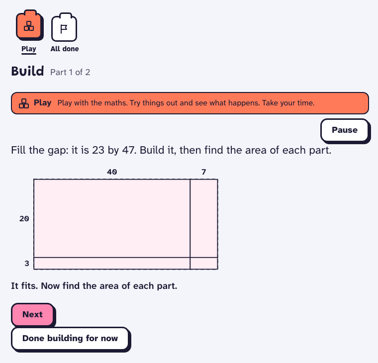 Array Builder: a 23 by 47 rectangle split into 20 and 3 down, and 40 and 7 across.