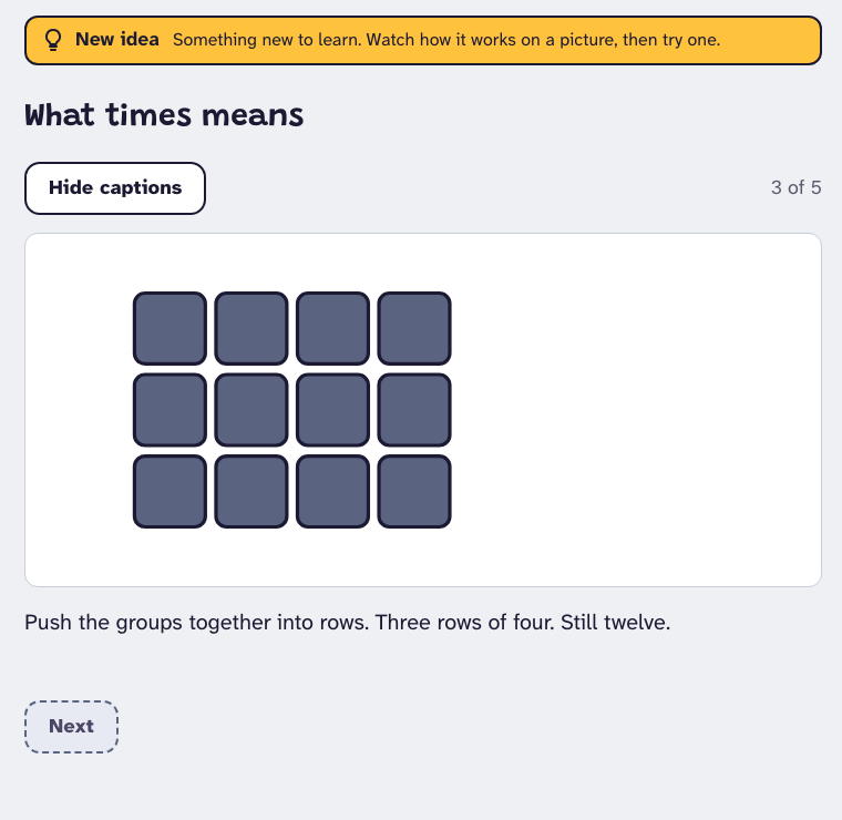 A lesson step: twelve squares pushed together into three rows of four, with the caption "Three rows of four. Still twelve."